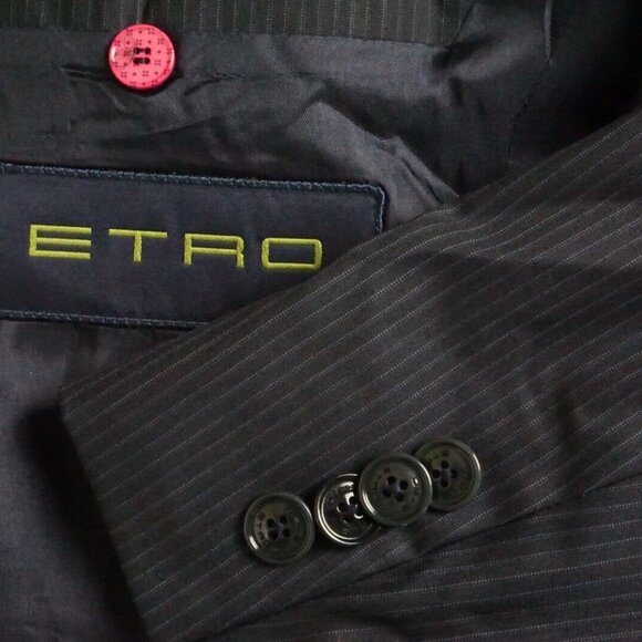 Etro Silk Blend  Navy Blue Pinstriped Silk Blend 2 Pc Suit Sz 50EU 40 US - Picture 1 of 14